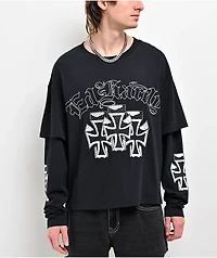 Ed Hardy Crosses Rhinestone Black 2fer Long Sleeve T-Shirt
