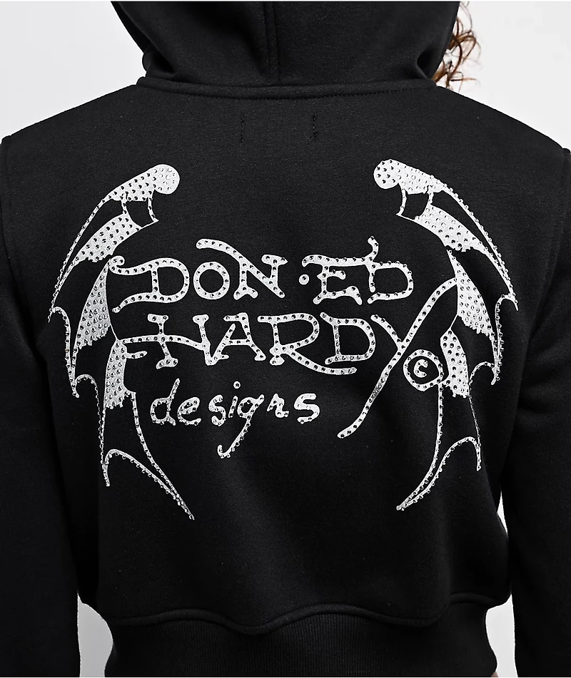 Ed Hardy Crosses Rhinestone Black Crop Zip Hoodie