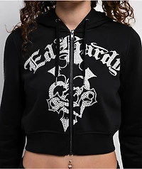 Ed Hardy Crosses Rhinestone Black Crop Zip Hoodie