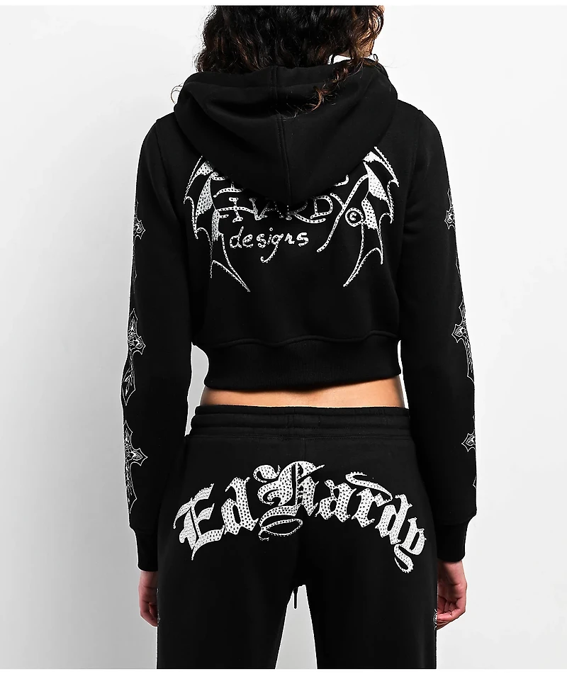 Ed Hardy Crosses Rhinestone Black Crop Zip Hoodie