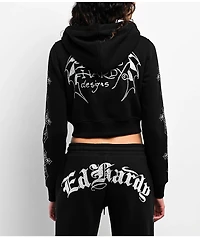 Ed Hardy Crosses Rhinestone Black Crop Zip Hoodie