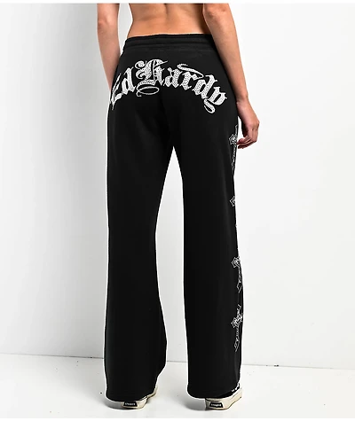 Ed Hardy Crosses Rhinestone Black Wide Leg Sweatpants