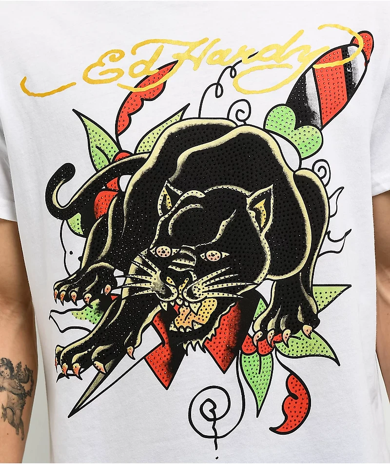 Ed Hardy Crouching Panther Rhinestone White T-Shirt