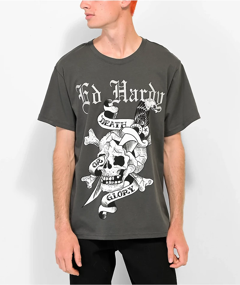 Ed Hardy Death Or Glory Skull Charcoal T-Shirt