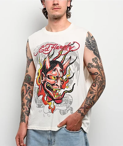 Ed Hardy Demon Ivory Cutoff Tank Top