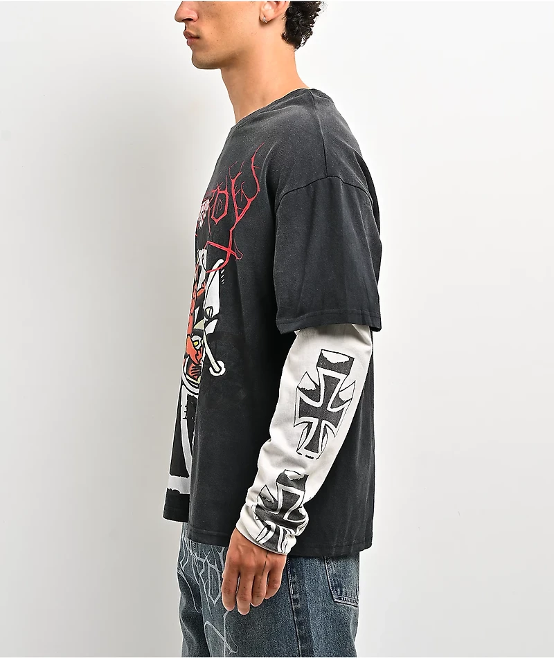 Ed Hardy Devil Bike Black & White 2fer Long Sleeve T-Shirt