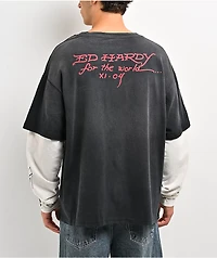 Ed Hardy Devil Bike Black & White 2fer Long Sleeve T-Shirt