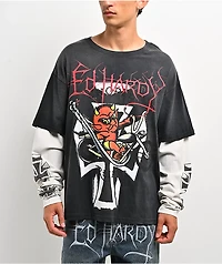 Ed Hardy Devil Bike Black & White 2fer Long Sleeve T-Shirt