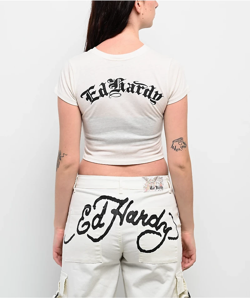 Ed Hardy Devil Panther Ivory Crop T-Shirt