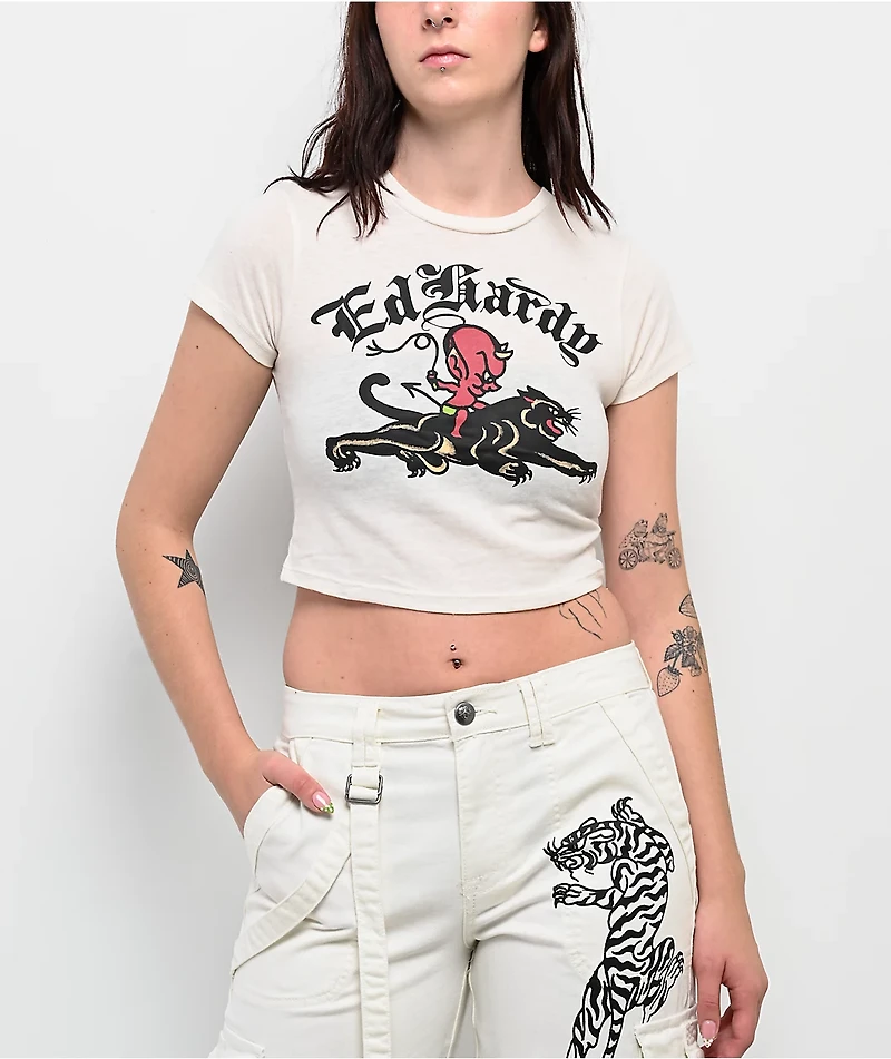 Ed Hardy Devil Panther Ivory Crop T-Shirt