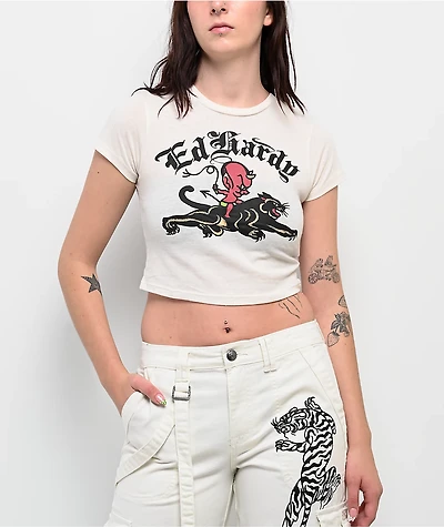 Ed Hardy Devil Panther Ivory Crop T-Shirt