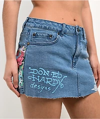 Ed Hardy Diamond Flower Blue Denim Cutoff Mini Skirt