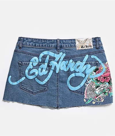 Ed Hardy Diamond Flower Blue Denim Cutoff Mini Skirt