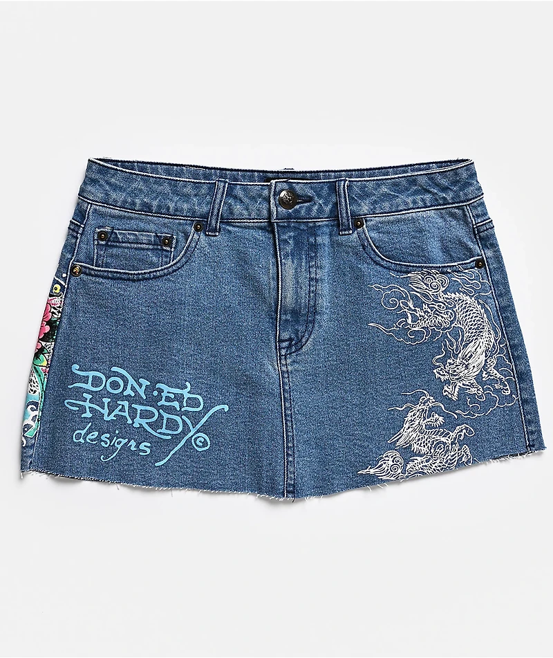 Ed Hardy Diamond Flower Blue Denim Cutoff Mini Skirt