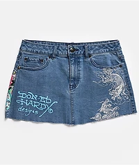 Ed Hardy Diamond Flower Blue Denim Cutoff Mini Skirt