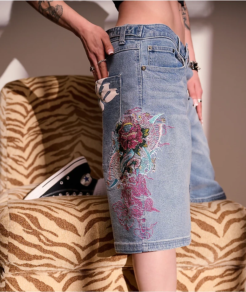 Ed Hardy Diamond Flower Light Wash Jean Shorts