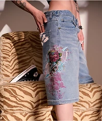 Ed Hardy Diamond Flower Light Wash Jean Shorts