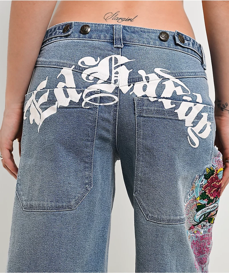 Ed Hardy Diamond Flower Light Wash Jean Shorts