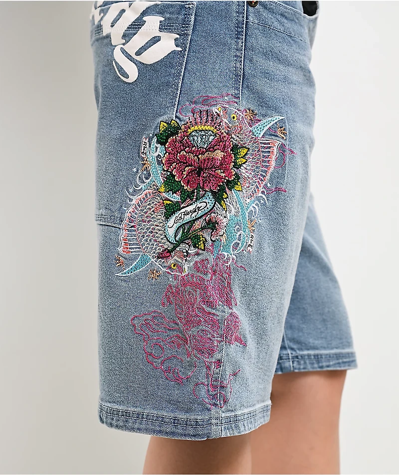 Ed Hardy Diamond Flower Light Wash Jean Shorts