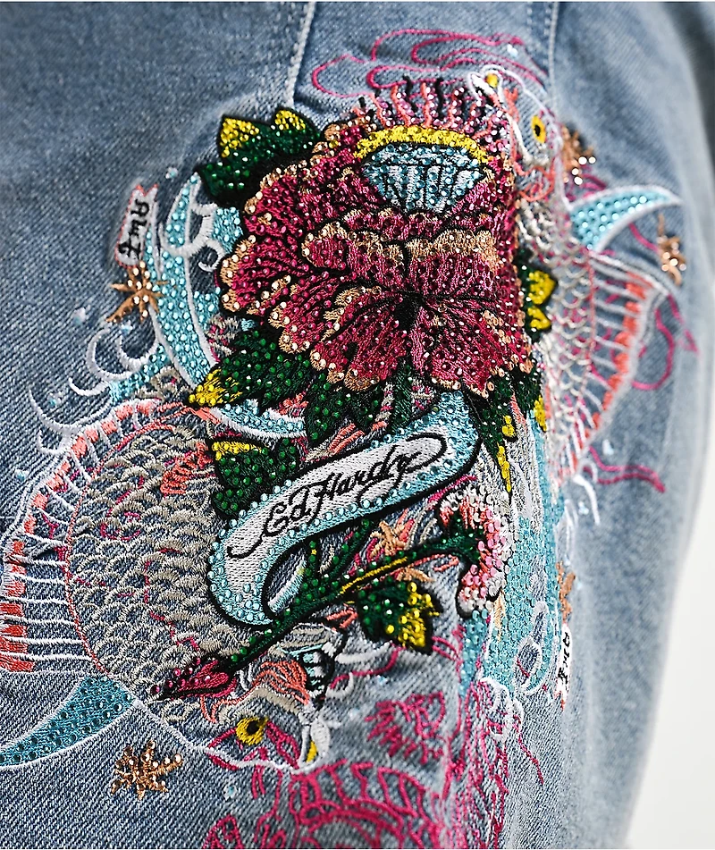 Ed Hardy Diamond Flower Light Wash Jean Shorts