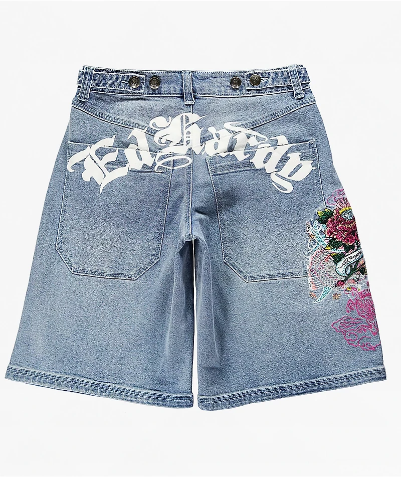 Ed Hardy Diamond Flower Light Wash Jean Shorts