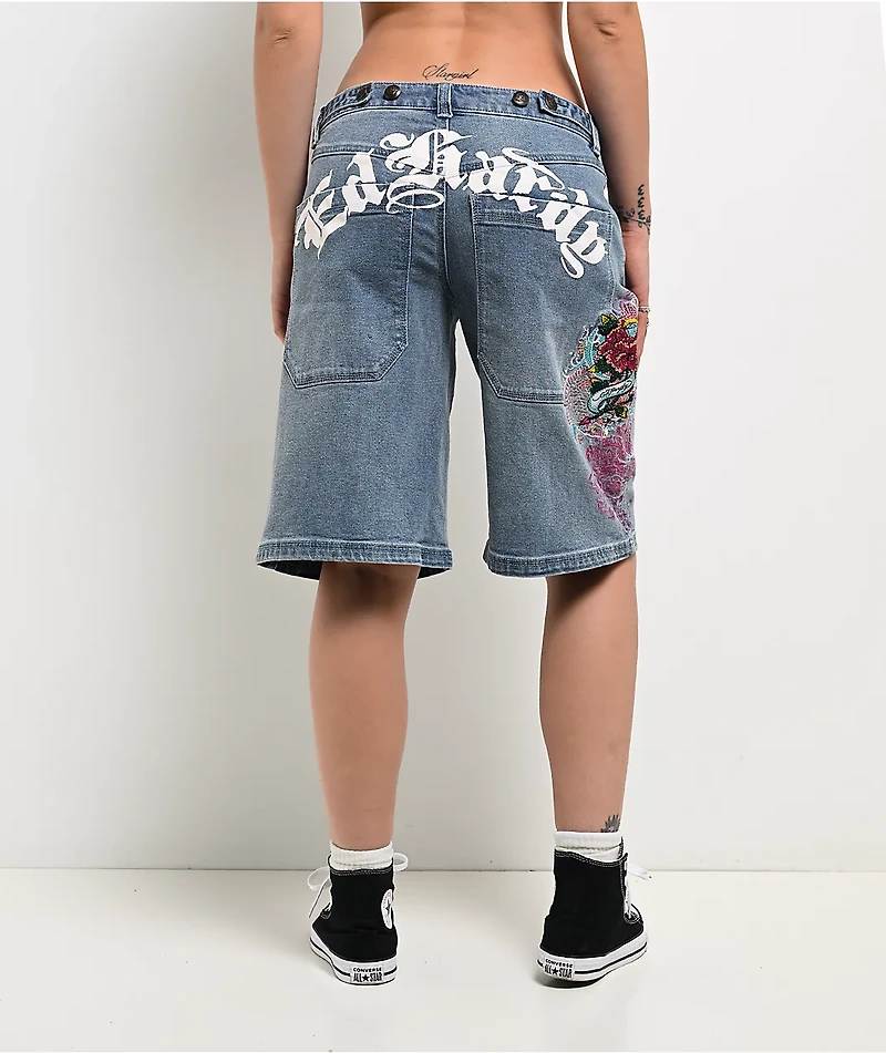 Ed Hardy Diamond Flower Light Wash Jean Shorts