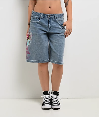 Ed Hardy Diamond Flower Light Wash Jean Shorts