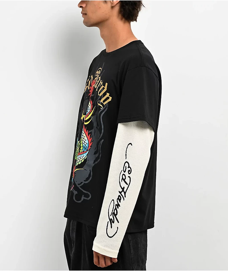 Ed Hardy Dragon Black & Cream 2fer Long Sleeve T-Shirt