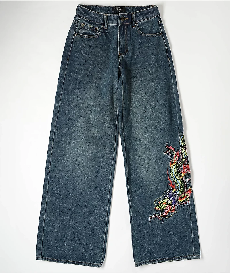 Ed Hardy Dragon Blue Wide Leg Denim Jeans