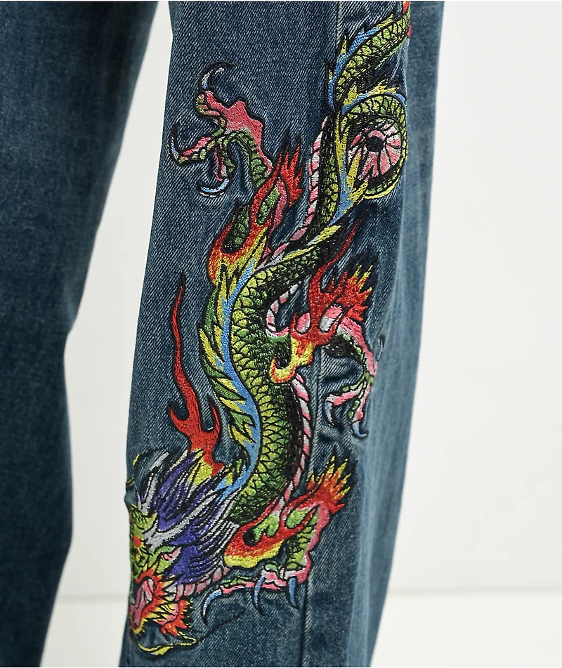 Ed Hardy Dragon Blue Wide Leg Denim Jeans
