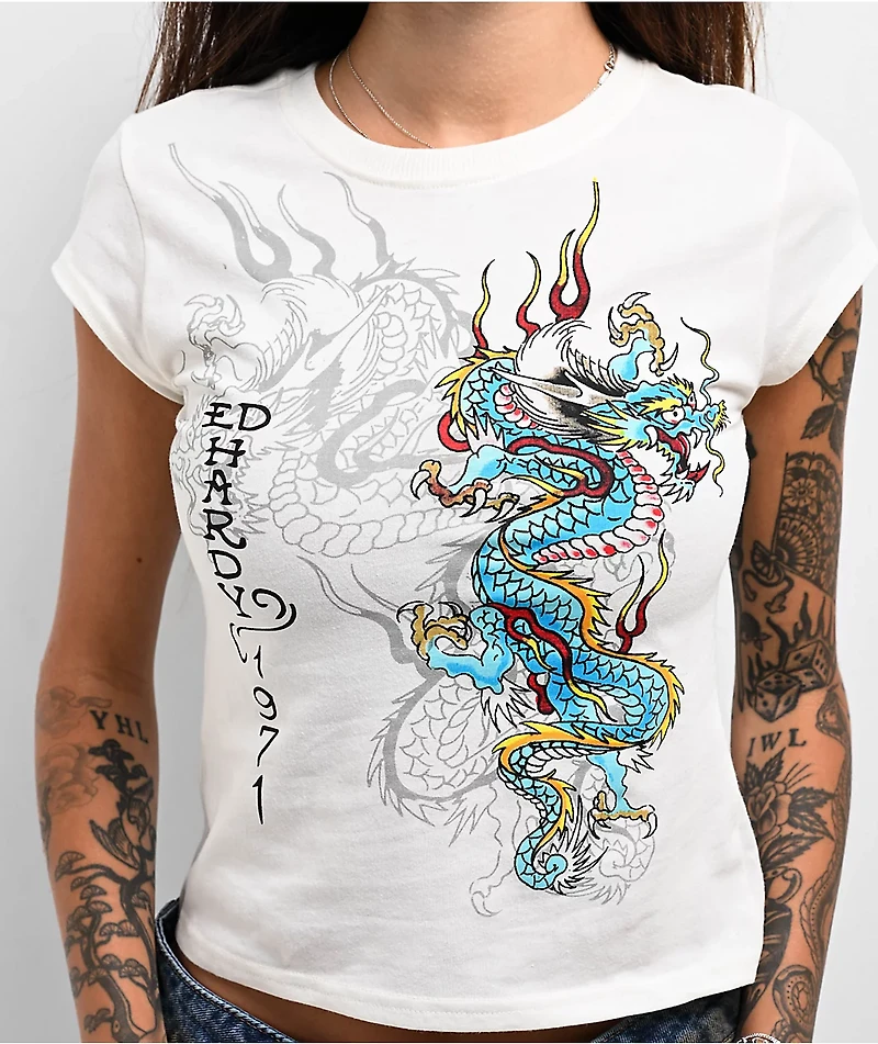 Ed Hardy Dragon Cap Sleeve Ivory Crop T-Shirt