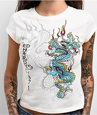 Ed Hardy Dragon Cap Sleeve Ivory Crop T-Shirt