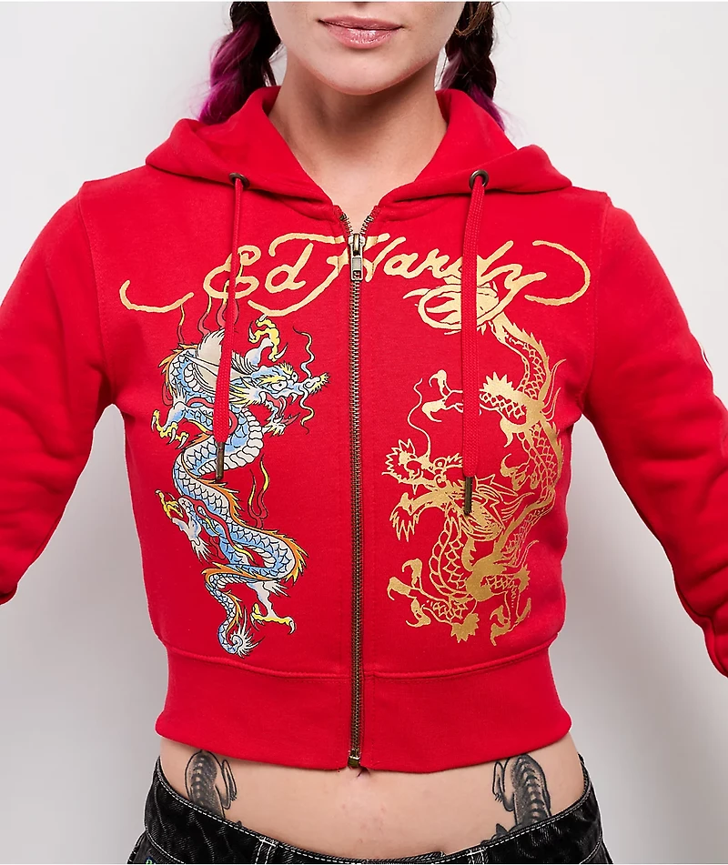Ed Hardy Dragon Cherry Red Crop Zip Hoodie