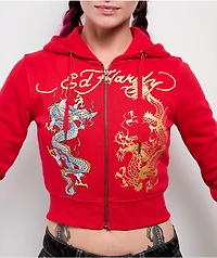 Ed Hardy Dragon Cherry Red Crop Zip Hoodie