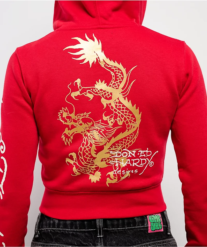 Ed Hardy Dragon Cherry Red Crop Zip Hoodie