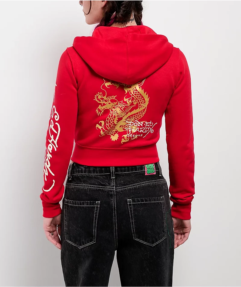 Ed Hardy Dragon Cherry Red Crop Zip Hoodie