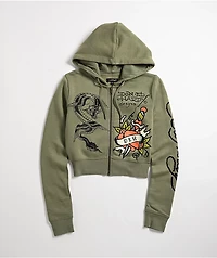 Ed Hardy Dragon Dagger Olive Crop Zip Hoodie