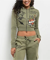 Ed Hardy Dragon Dagger Olive Crop Zip Hoodie
