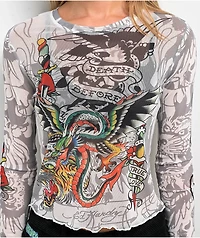 Ed Hardy Dragon Dagger White Mesh Long Sleeve Crop Top