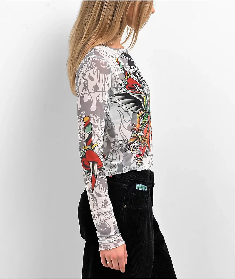 Ed Hardy Dragon Dagger White Mesh Long Sleeve Crop Top