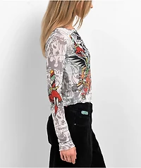 Ed Hardy Dragon Dagger White Mesh Long Sleeve Crop Top