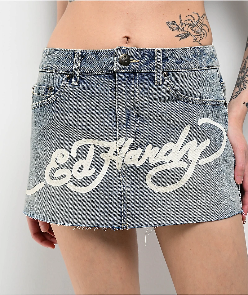 Ed Hardy Dragon Light Blue Cutoff Denim Mini Skirt