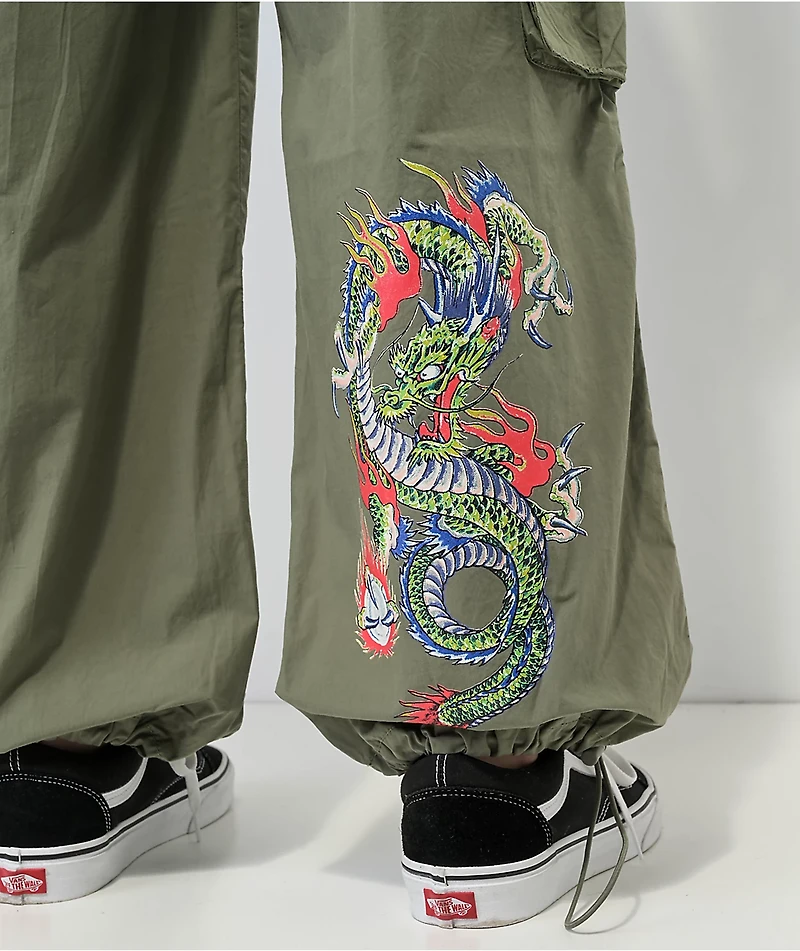 Ed Hardy Dragon Olive Green Cargo Parachute Pants