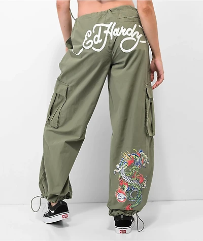 Ed Hardy Dragon Olive Green Cargo Parachute Pants