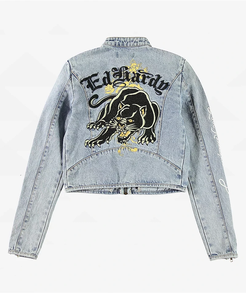 Ed Hardy Dragon Panther Blue Denim Moto Crop Jacket