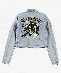 Ed Hardy Dragon Panther Blue Denim Moto Crop Jacket