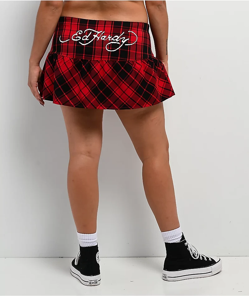 Ed Hardy Dragon Red Plaid Skirt