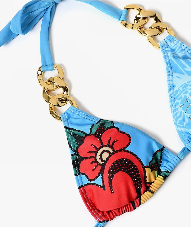 Ed Hardy Dragon Rhinestone Blue Triangle Bikini Top