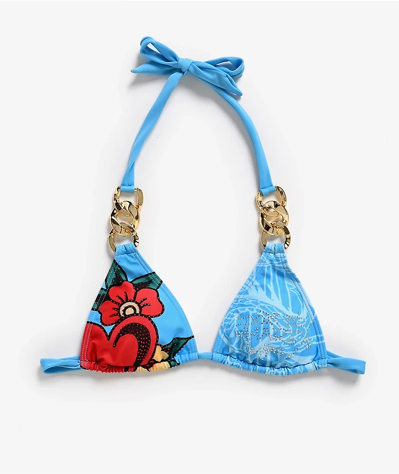 Ed Hardy Dragon Rhinestone Blue Triangle Bikini Top