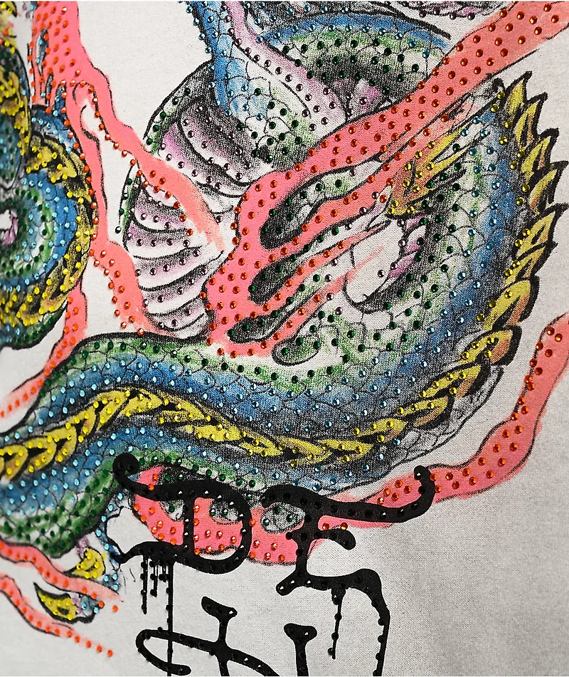 Ed Hardy Dragon Rhinestone Ivory Long Sleeve T-Shirt